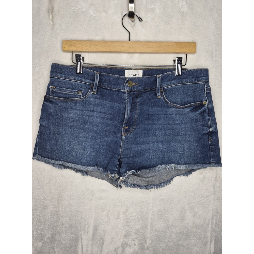 FRAME Le Cutoff Denim Shorts Raw Frayed Hem Medium Wash Womens 28 17x3